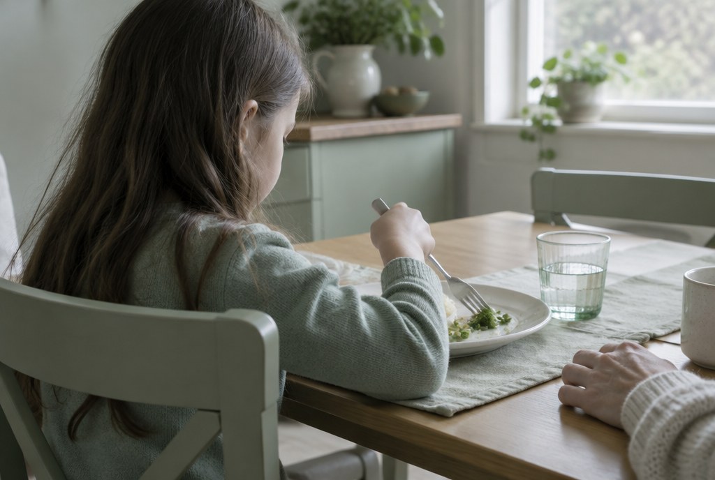 A child seen from behind at a kitchen table, pushing food around a plate with a fork