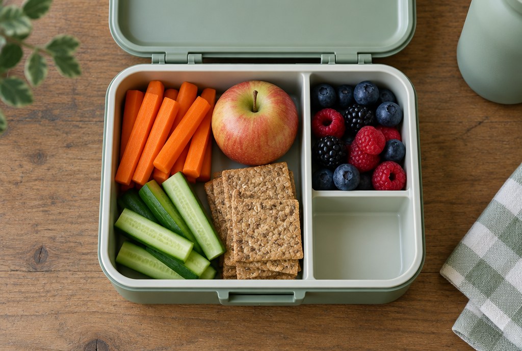 A child's lunchbox of carrot, cucumber, apple with the skin on, wholegrain crackers and berries — fibre that supports regular digestion