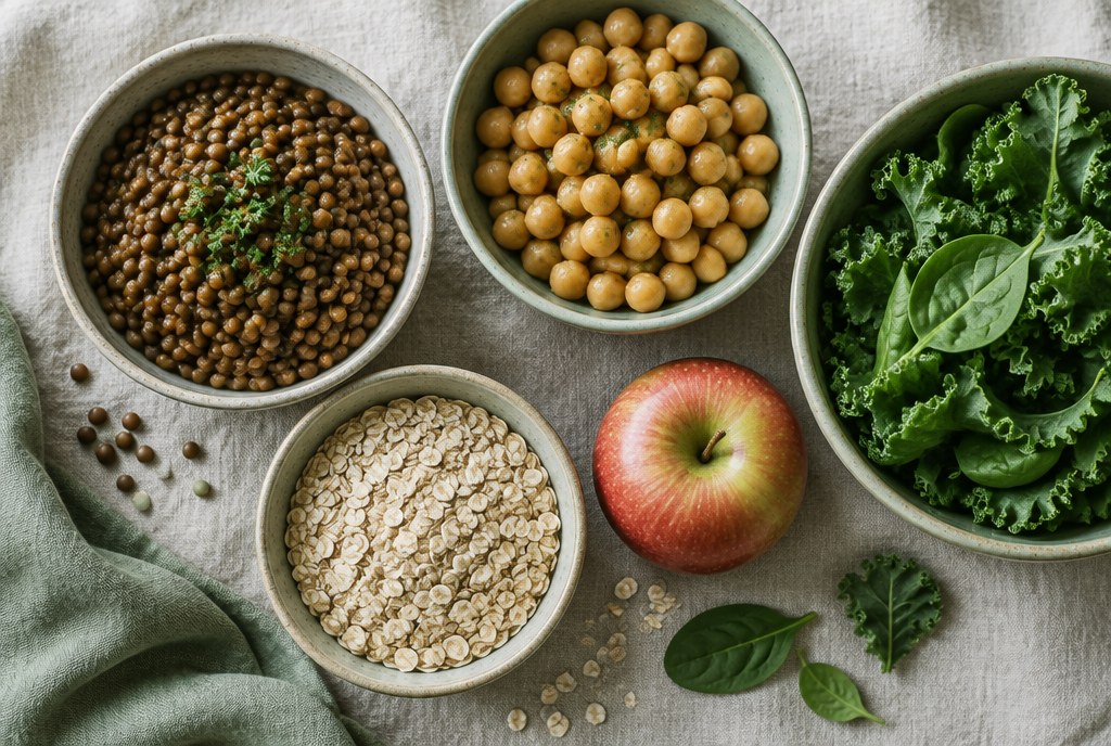 Fibre-rich whole foods — lentils, chickpeas, oats, leafy greens and an apple — that feed the gut microbiome