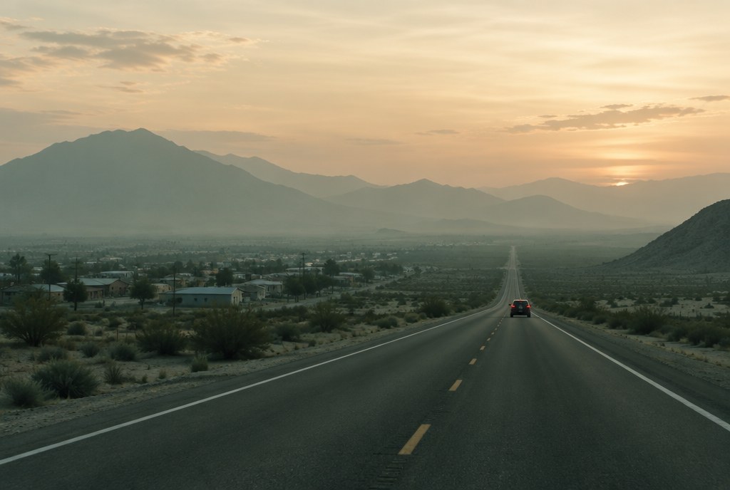 An empty two-lane desert highway at dusk, a single car driving away