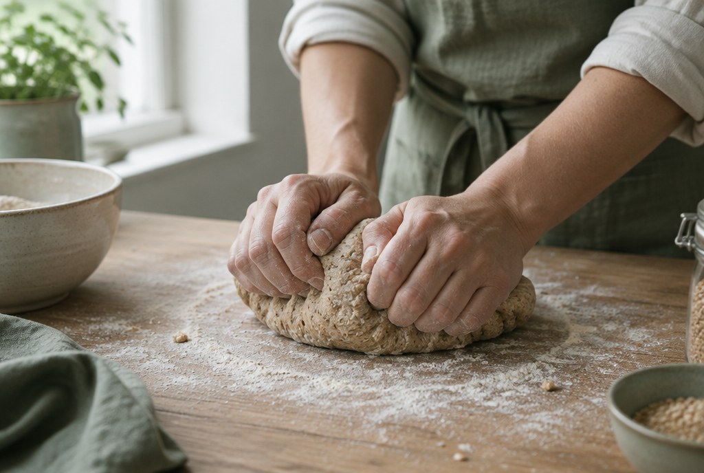 Hands kneading wholegrain dough — fibre is the steadiest lever in gut health and autoimmune disease