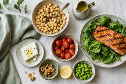 Overhead view of Mediterranean-style meal preparation with chickpeas, salmon, greens, tomatoes, feta and olive oil, the shape of a menopause diet