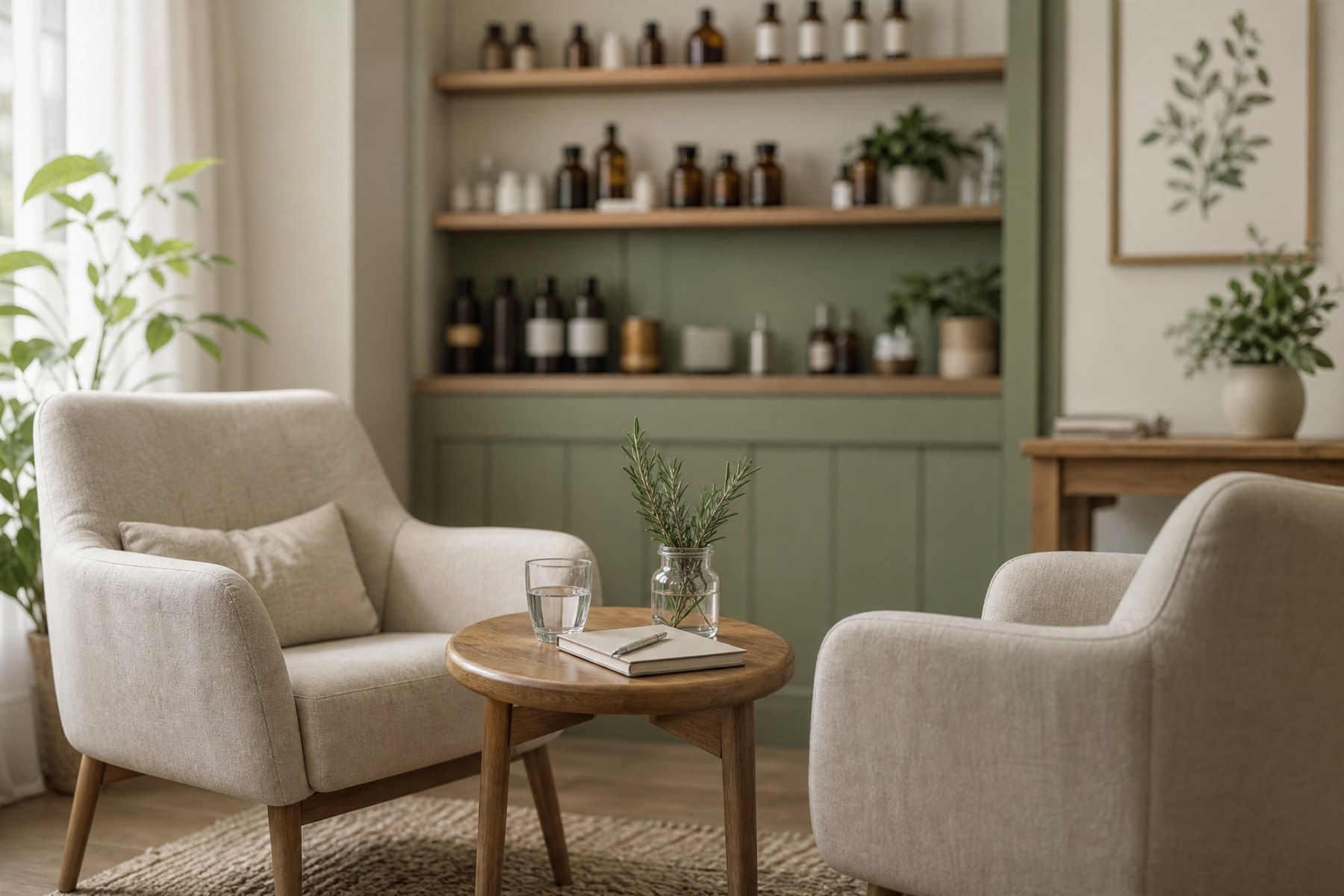 A calm naturopathic consulting room, where natural remedies for perimenopause are matched to the person