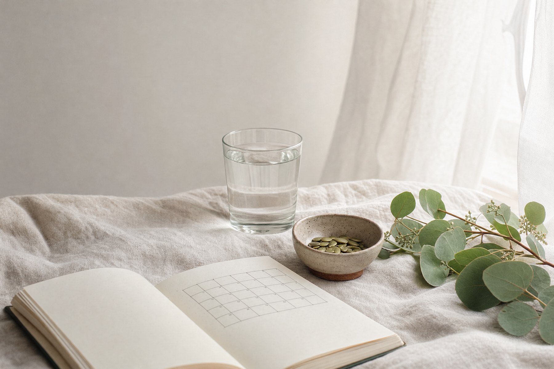 Cycle-tracking notebook, water and pumpkin seeds on linen, part of a naturopathic perimenopause assessment
