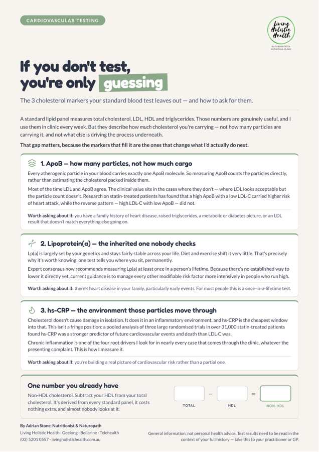 First page of the free guide: three cholesterol markers your standard test leaves out