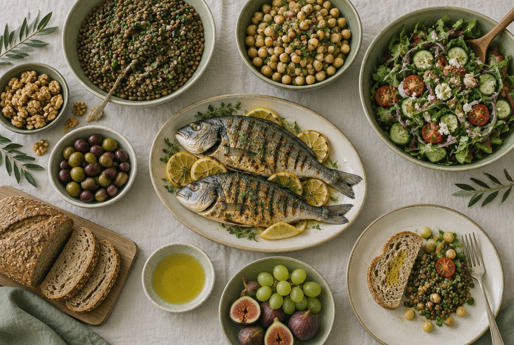 Mediterranean-style spread of fish, lentils, chickpeas, salad, wholegrain bread and fruit