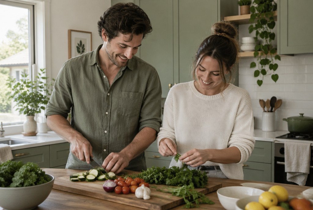 Couple cooking a vegetable-rich meal together at home as part of preconception care