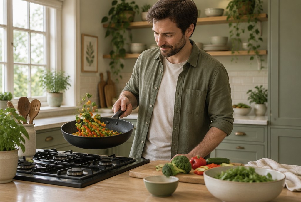 Man cooking vegetables at home as part of looking after his sperm health