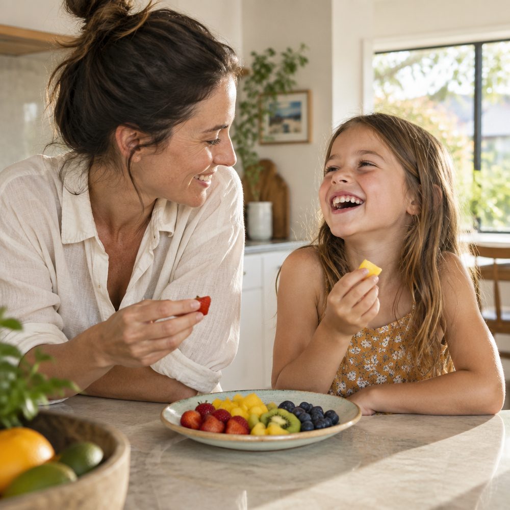 A parent and child sharing a plate of cut fruit at the kitchen bench